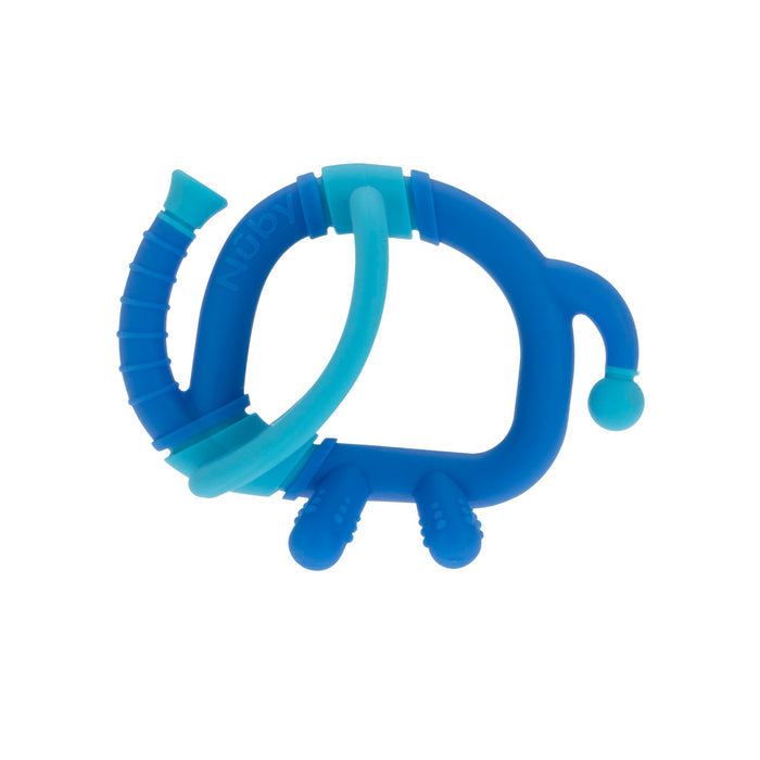 The Nuby Geo Zoo Silicone Teether is an elephant-shaped teether in blue and light blue with textured surfaces and a trunk on the top left, designed for infants to chew on.