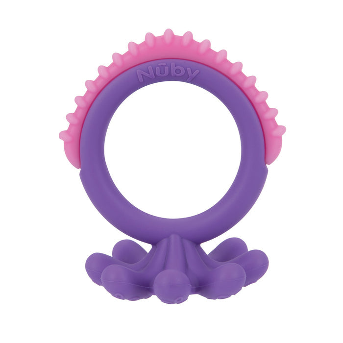 The Nuby Geo Zoo Silicone Teether is a purple and pink baby teether with textured bumps and an octopus-shaped base, designed to help infants chew and soothe sore gums.