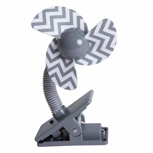 The Grey Stroller Fan is a compact, gray clip-on fan with three blades featuring a white and gray zigzag design, a flexible neck, and sturdy clip base—ideal for use as a baby stroller accessory.