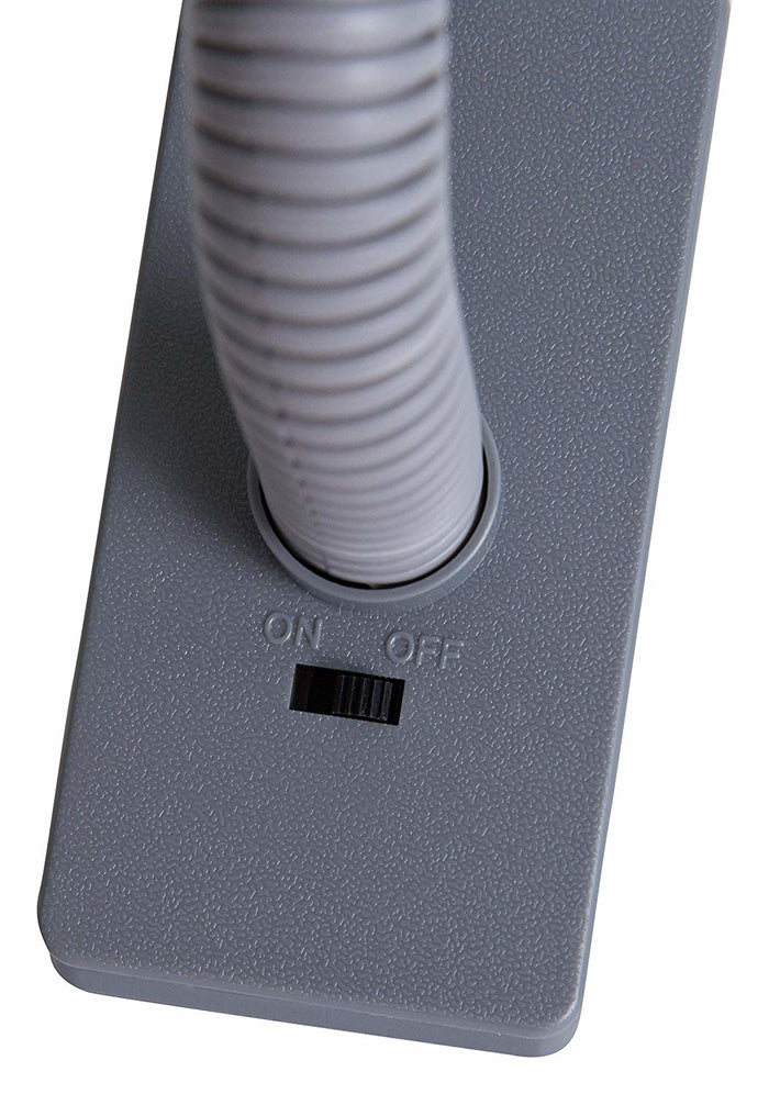 Close-up of the Grey Stroller Fan’s textured rectangular base with a flexible tube and black on/off switch below. This clip-on design is perfect as a stroller fan, making it an ideal baby stroller accessory.