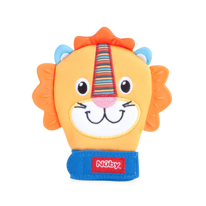 The Nuby Happy Handimals Teething Mitten is a lion-shaped mitten with soft silicone for chewing, orange ears, a striped mane, and a blue adjustable wrist strap.