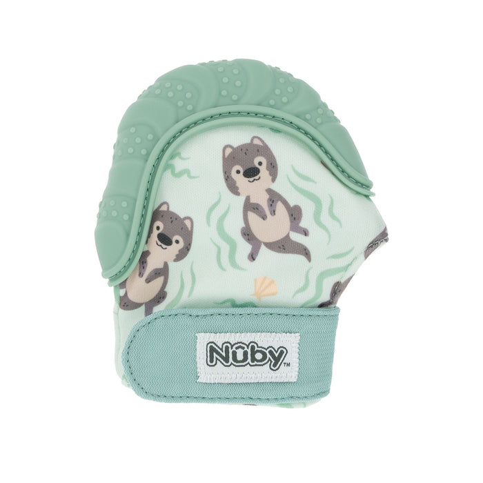 The Nuby Happy Hands Teething Mitten features a mint green silicone textured top and a fabric base with cartoon otters, seaweed, and a seashell. The velcro strap has the Nuby logo for easy fastening—ideal for soothing teething babies.