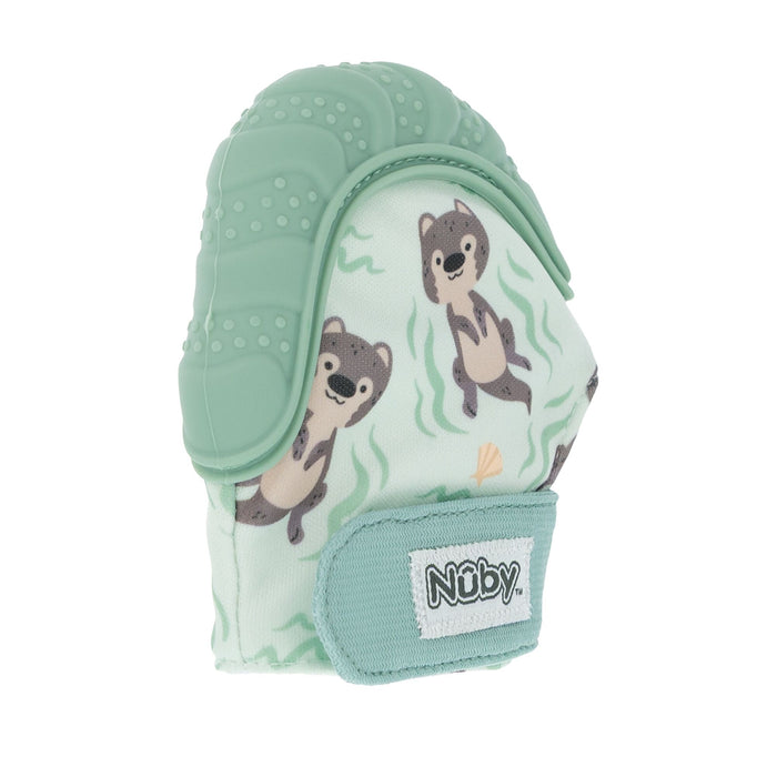 The Nuby Happy Hands Teething Mitten is mint green with a textured silicone top and a fabric base featuring cartoon otters and seaweed. It secures with a Velcro strap labeled Nuby, providing soothing relief for babies.