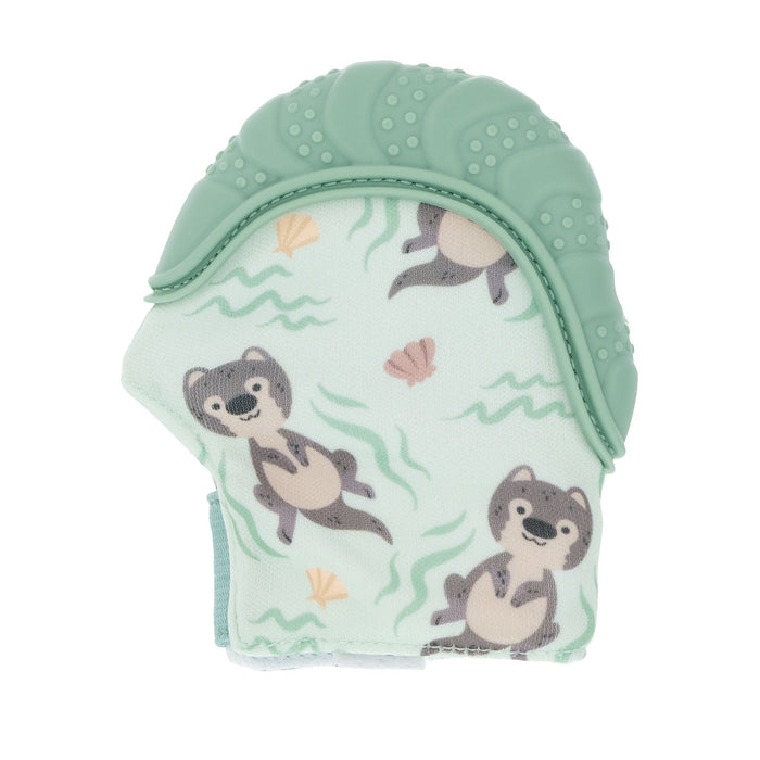 The Nuby Happy Hands Teething Mitten is mint green silicone with a textured edge and a fabric section featuring playful otters, seaweed, and seashells.