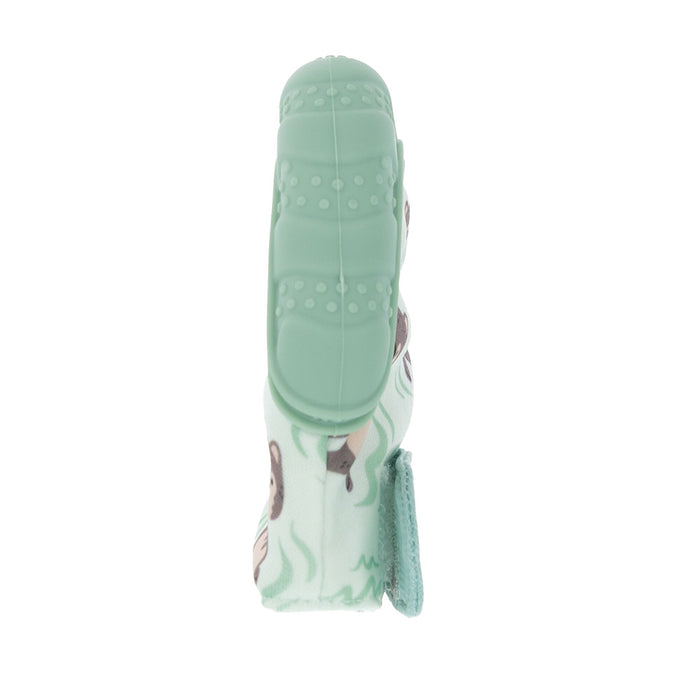 The Nuby Happy Hands Teething Mitten features a mint green textured silicone top and a sloth-patterned fabric base, making it perfect for soothing baby's sore gums.