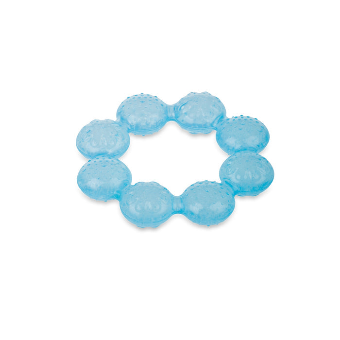 The Nuby IcyBite Cooling Teething Ring is a blue, circular teether with eight textured segments for infants. Made of soft, transparent material, it soothes gums and is pictured on a white background.