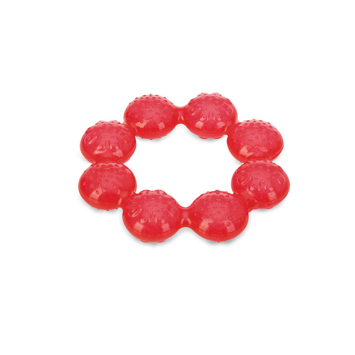The Nuby IcyBite Cooling Teething Ring is a red, circular plastic toy with connected rounded segments featuring textured bumps. Shown on a white background, it’s designed to soothe gums and keep your dog entertained.