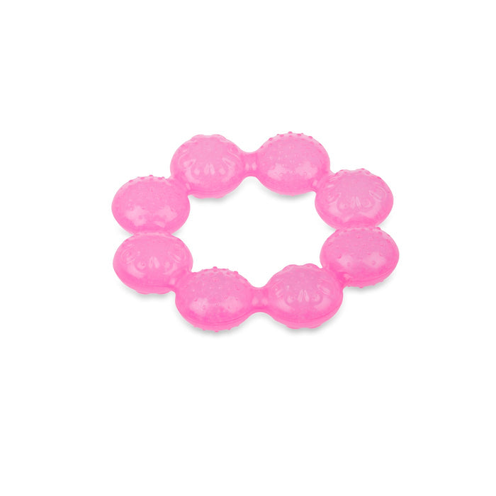 The Nuby IcyBite Cooling Teething Ring is a pink silicone baby teether with textured bubble-shaped beads in a circular loop, designed to soothe gums.