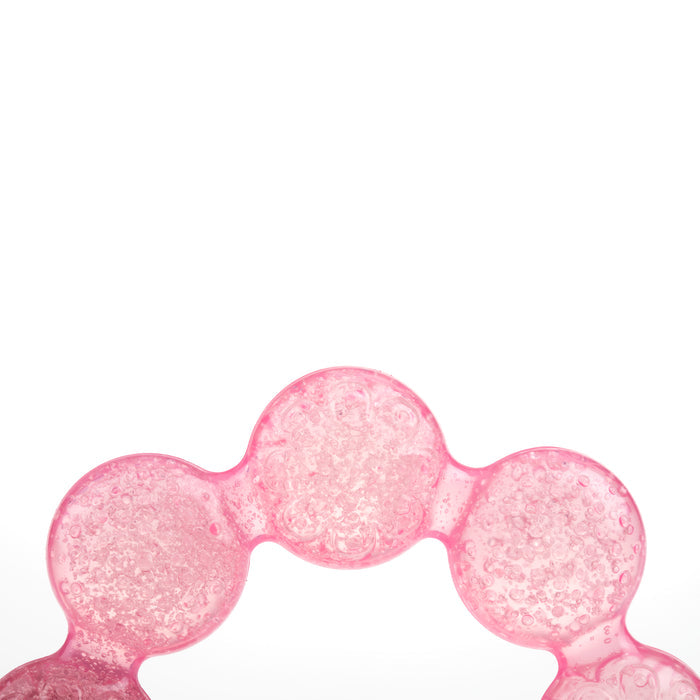 A close-up of three connected, translucent pink bubbles filled with clear liquid on a plain white background showcases the Nuby IcyBite Cooling Teething Ring, perfect for soothing baby's gums during teething.