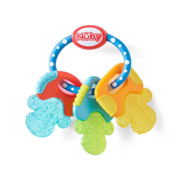 The IcyBite Teether Keys | Classic features three textured keys in blue, green, and yellow on a blue polka-dot ring with a red Nuby logo, offering soothing teething relief for babies.