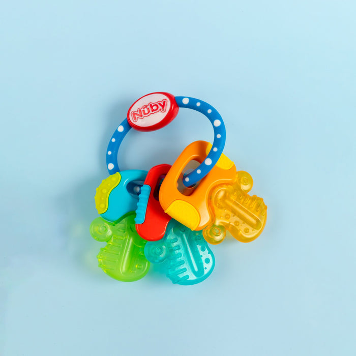 The IcyBite Teether Keys | Classic features a blue handle and textured, colorful shapes—green, yellow, orange, turquoise, and red—for teething relief. Inspired by Nuby IcyBite Keys and shown on a light blue background.