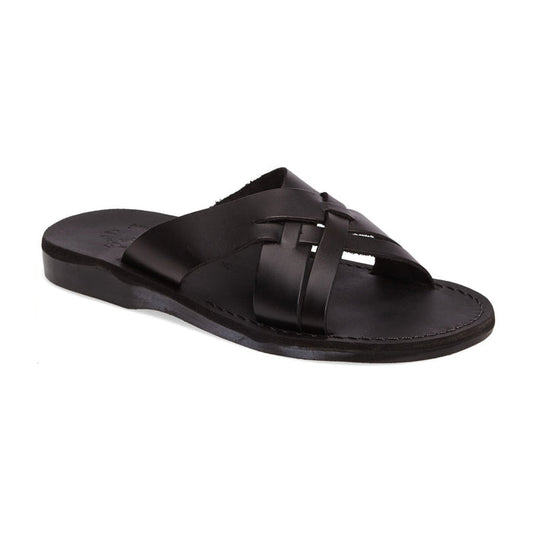 Jesse black, handmade leather slide sandals - Front View