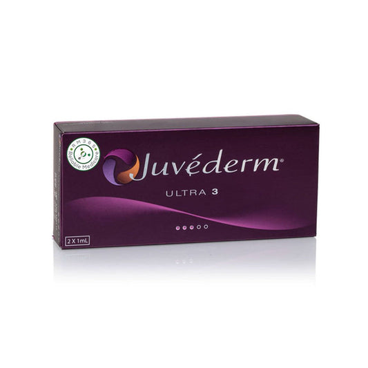 Juvederm Ultra 3 Lidocaine skin care syringes, 2 x 1ml, with clear packaging and applicator tips for cosmetic dermal filler treatment