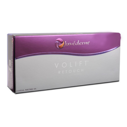 Juvederm Volift Retouch skin care syringe with lidocaine, 0.55ml, featuring clear packaging and medical branding.