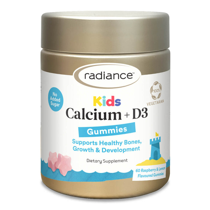 Radiance Kids Calcium + D3 Gummies in a gold recycled plastic supplement bottle. No added sugar. Supports healthy bones, growth & development.