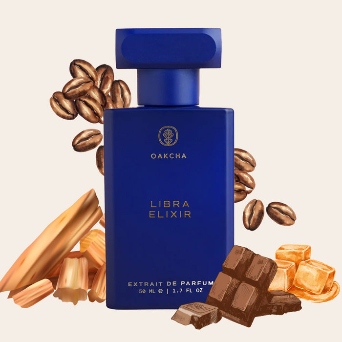 Front view of Libra Elixir 50 ml blue perfume bottle showing gold logo and cap with chocolate, coffee beans, and caramel