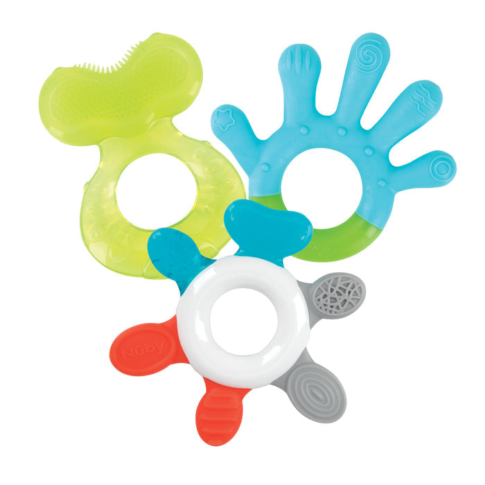 The Little Hands Soothing Teether Set (3 Pack) includes a yellow-green textured teether, a blue hand-shaped teether, and a white ring with red, gray, and blue grips to provide gentle teething relief for babies.