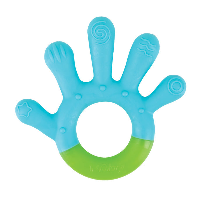 The Little Hands Soothing Teether Set (3 Pack) features a blue and green hand-shaped teether with five textured fingers and a central circular opening for easy grip, providing baby teething relief.