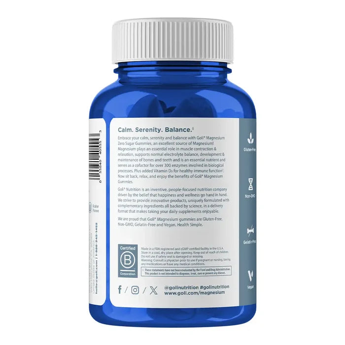 Back view of a blue supplement bottle with a white cap, showing the product's back panel text on a white background.