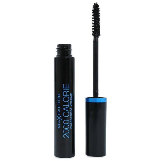 Max Factor 2000 Calorie Waterproof Volume Mascara in Rich Black, 9ml, with a brush applicator and sleek black packaging