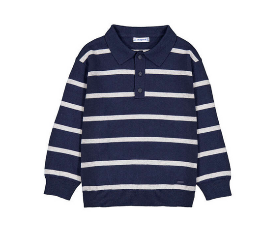 Mayoral Knit Polo in Navy with White Stripes