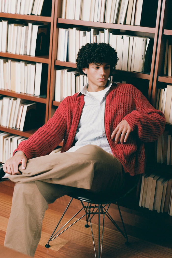 Men's Grid Stitch Zip Sweater in Sunstar Red