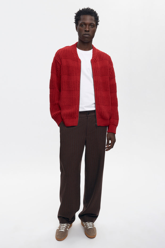 Men's Grid Stitch Zip Sweater in Sunstar Red