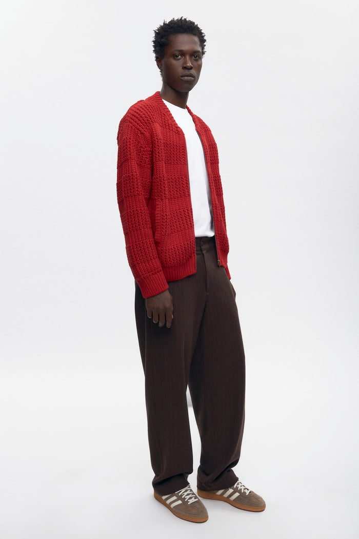 Men's Grid Stitch Zip Sweater in Sunstar Red