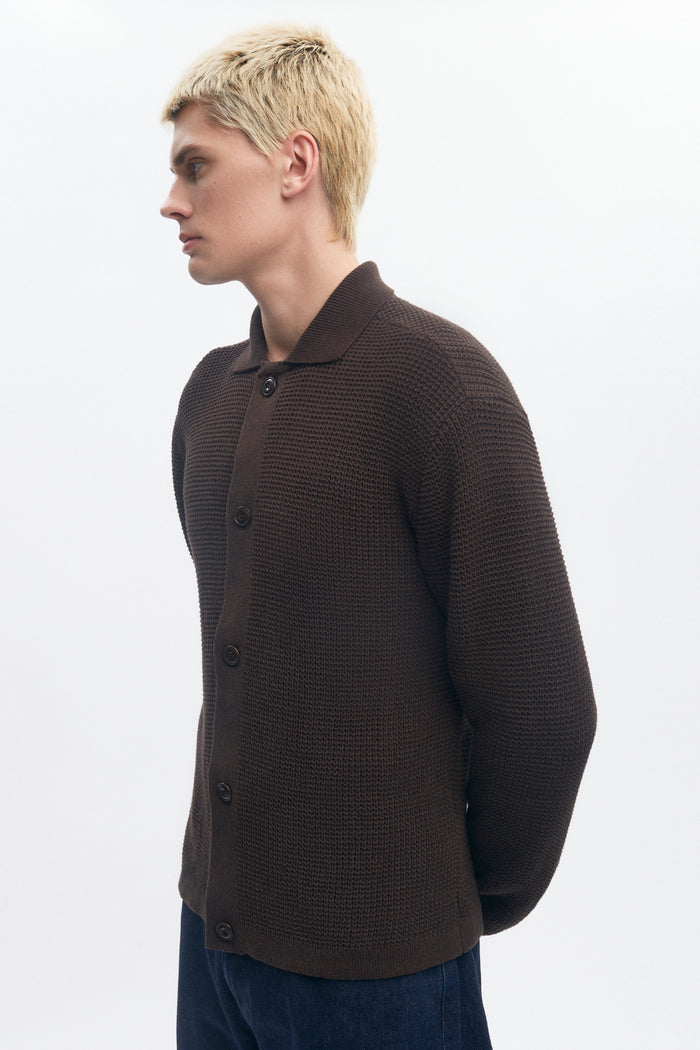Men's Open Knit Shirt in Coffee Bean Melange