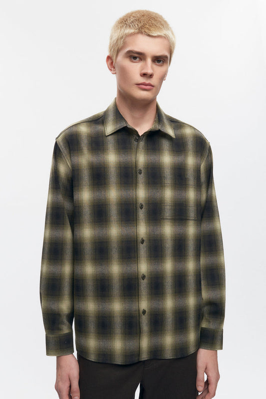 Men's Wool Flannel Shirt in Olive Plaid