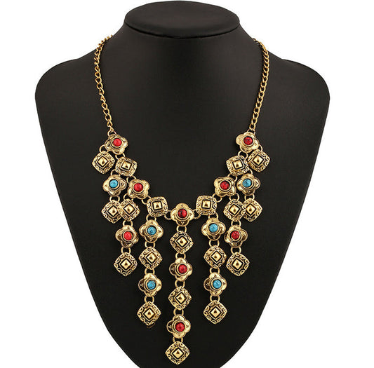 N2721 - Retro Carved Gemstone Tassel Alloy Necklace
