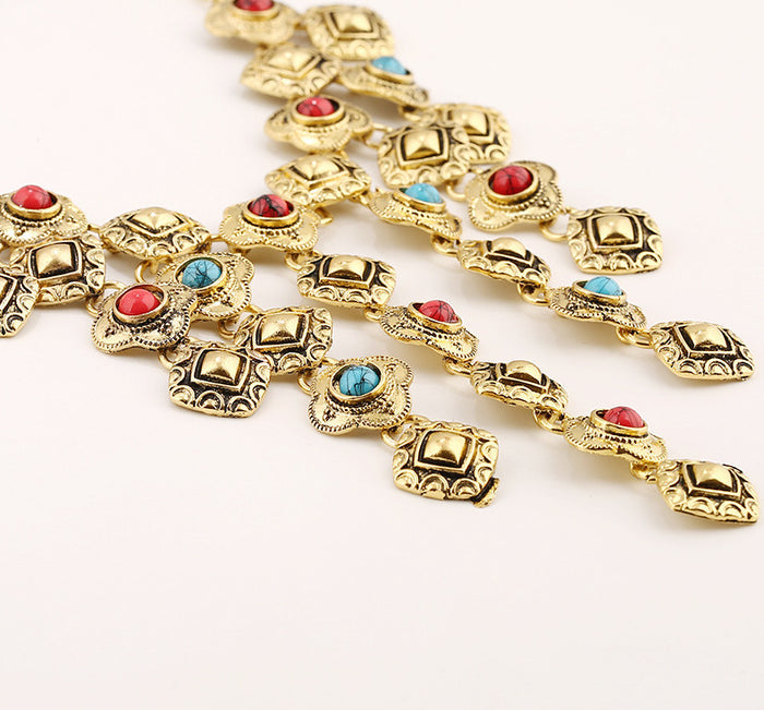 N2721 - Retro Carved Gemstone Tassel Alloy Necklace