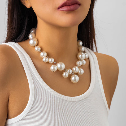 N2751 - Punk style personalized creative round beads imitation pearl tassel necklace