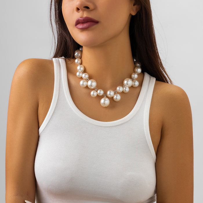 N2751 - Punk style personalized creative round beads imitation pearl tassel necklace