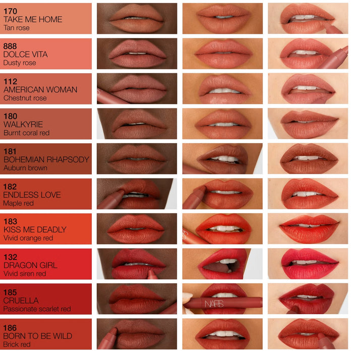 NARS Powermatte High Intensity Lip Pencil in Walkyrie, 2.6g, featuring a sleek black tube and the vibrant lip color.