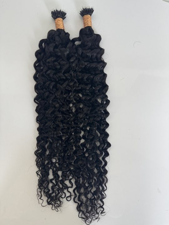 Natural Black #1B Curly Nano Beads Human Hair Extensions Full Length View