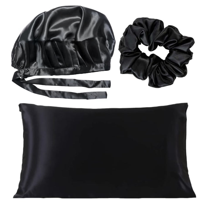 Noir Silk Adjustable Bonnet, Pillowcase & Scrunchie Bundle