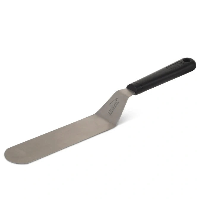 Stainless Steel Spatula with black handle on a white background