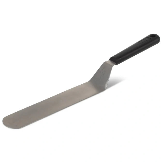 Stainless Steel spatula with black handle on a white background.