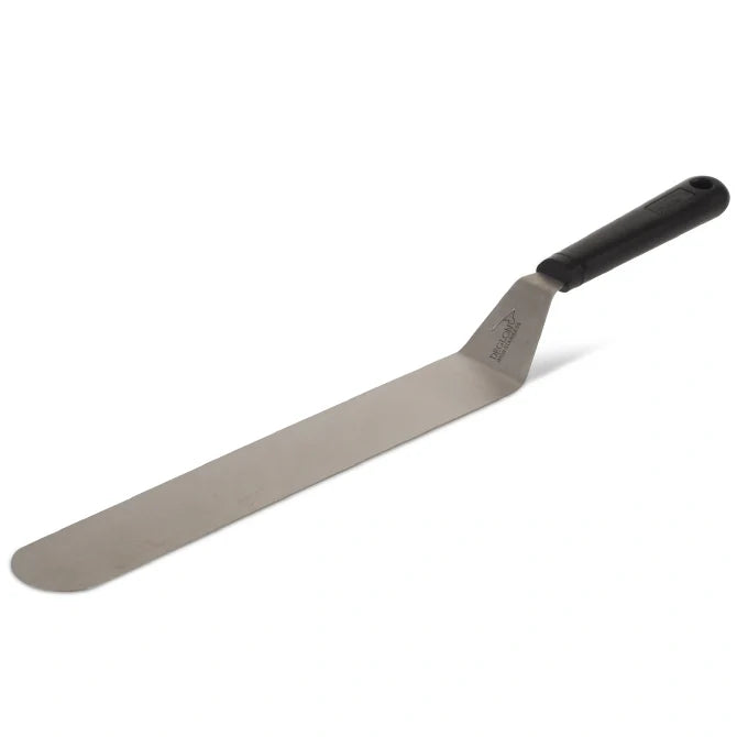 Stainless Steel Spatula with black handle on a white background.