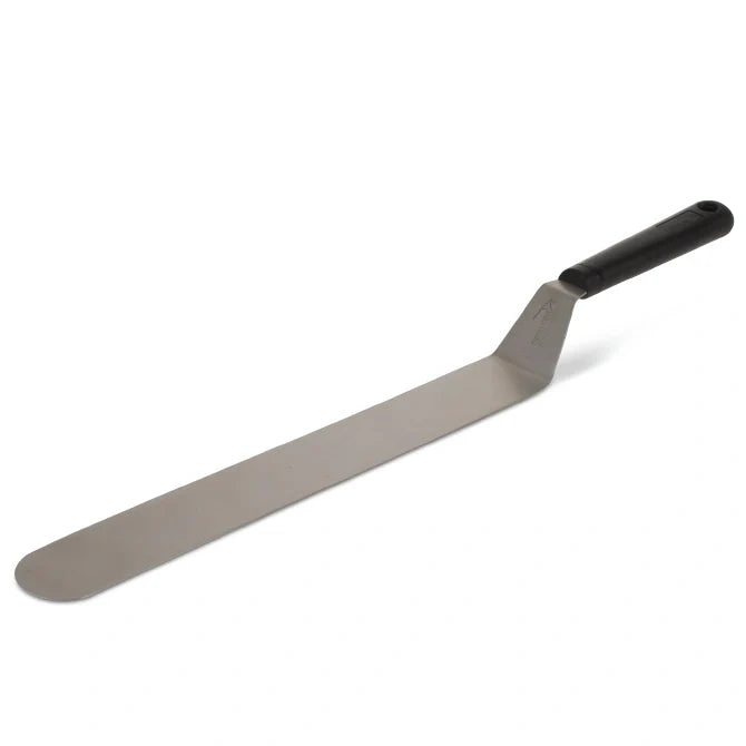 Stainless Steel spatula with black handle on a white background.