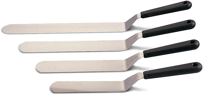 Set of five stainless steel spatulas with black handles on a white background