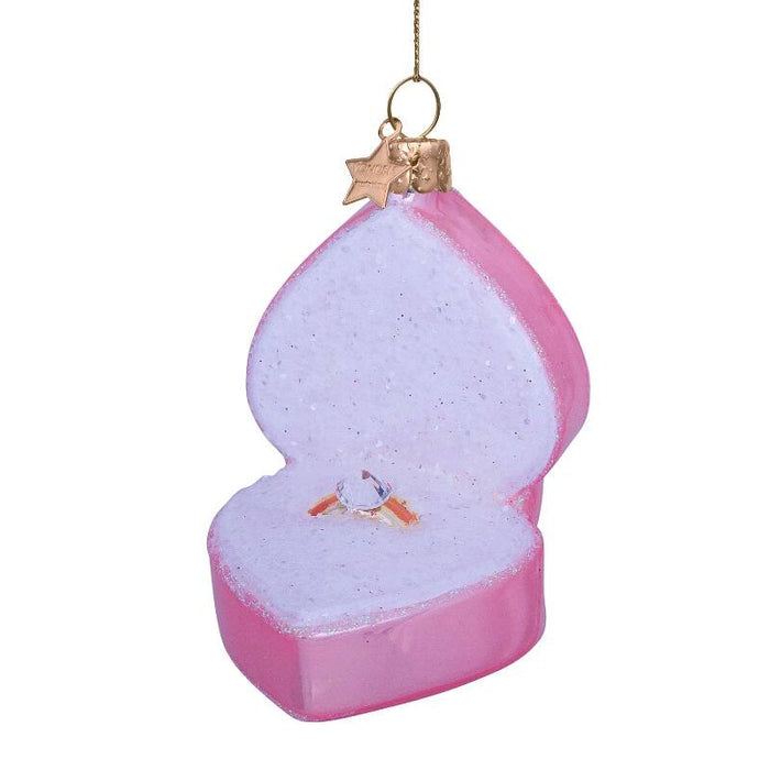 Ornament glass soft pink heart box w/wedding ring H9cm