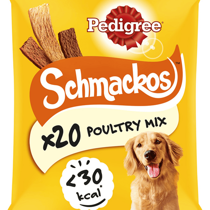 A close up of a packet of Pedigree Schmackos Dog Treats Poultry Mix on a white background.