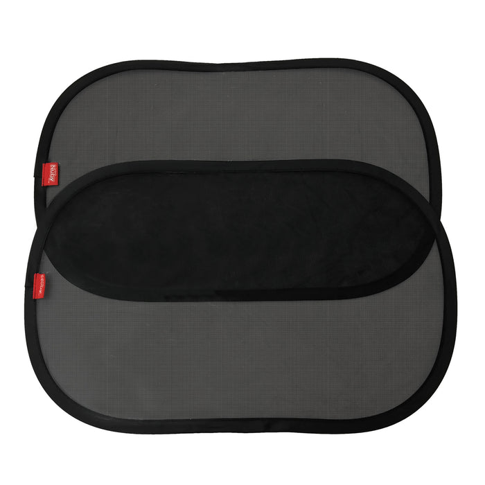 The Pop Open Cling Shade Set (2 Pack) includes two black mesh car shades with rounded edges and small red side tags, designed to reduce sun glare.