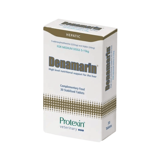 White background with a box of Protexin Denamarin 30 coated capsules pictured. Text on the box reads 'High level nutritional support for the liver, Complementary Feed, 30 coated tablets'.