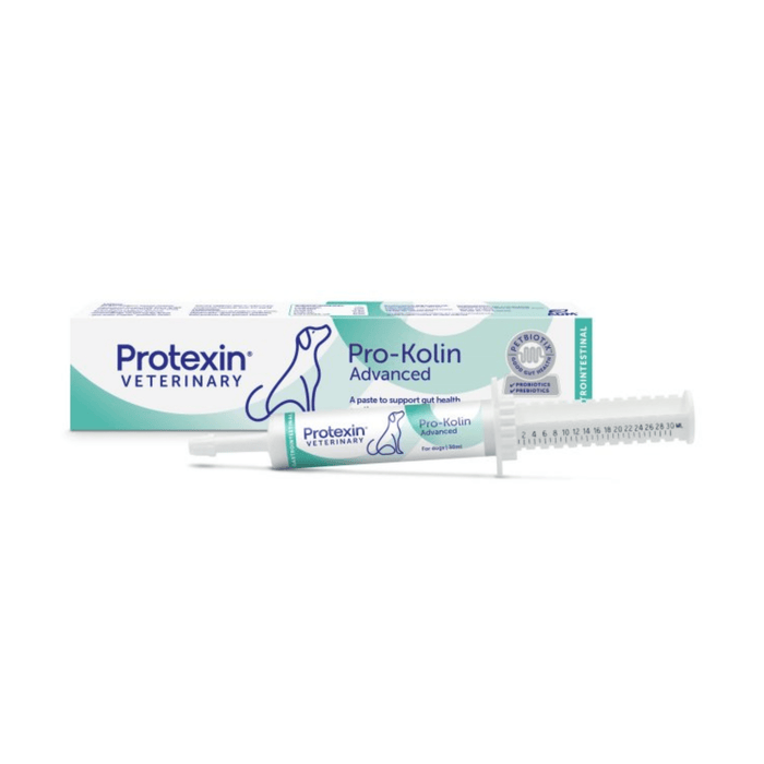 White background with a box and syringe of Protexin Pro-Kolin Advanced  picutred. On the box and syringe is an outline of a dog. Text on the box reads 'A paste to support gut health, soothe the gut lining & firm up feaces'.