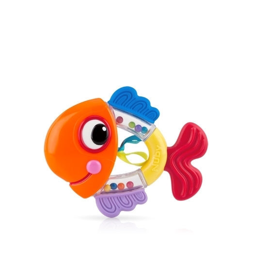 The Nuby Rattle Pals Teething Toy | Fish has a big-eyed, orange face, blue and purple fins, red tail, and a see-through center with multicolored beads—ideal for encouraging your baby’s hand-eye coordination during play.