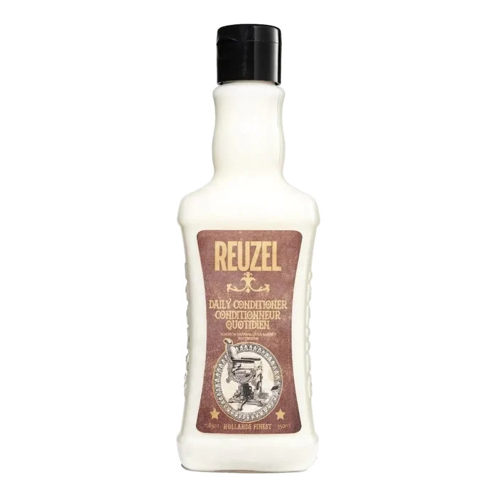 Hvit Reuzel Daily Conditioner flaske med mørkbrun etikett og barberstol-logo