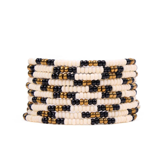 Sage Beaded 10 Strand Stretch Bracelets Gold, Black, + Ivory